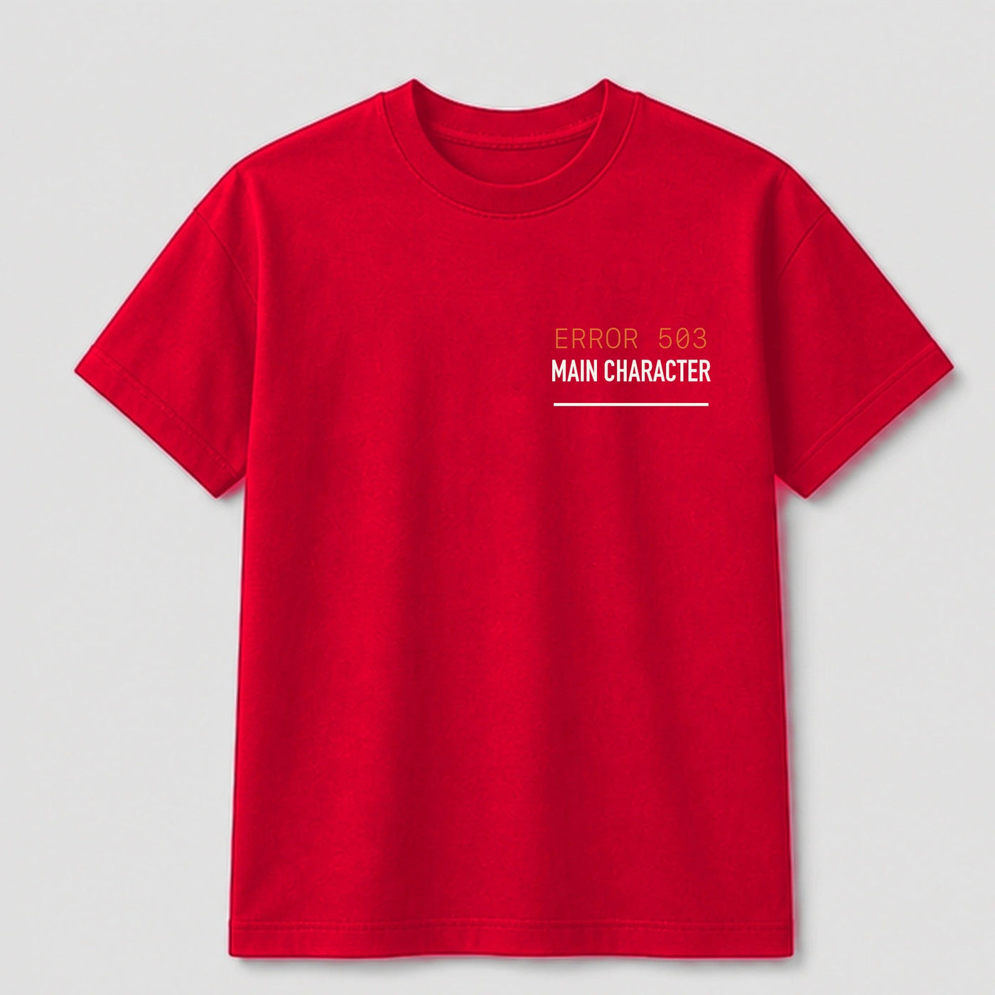 Main Character Server Error graphic tee by Threadmates featuring original system error artwork on red t-shirt, front.