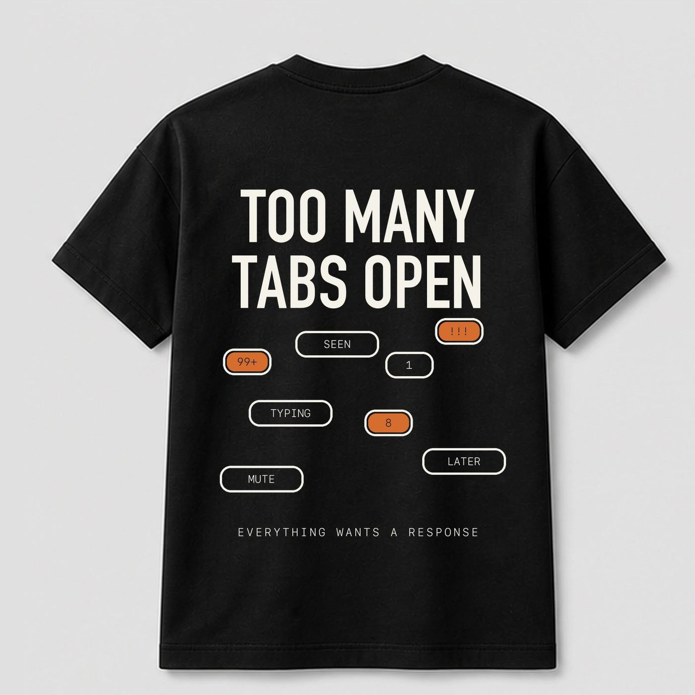 Notification Fatigue graphic tee by Threadmates featuring original digital burnout artwork on black t-shirt, back.