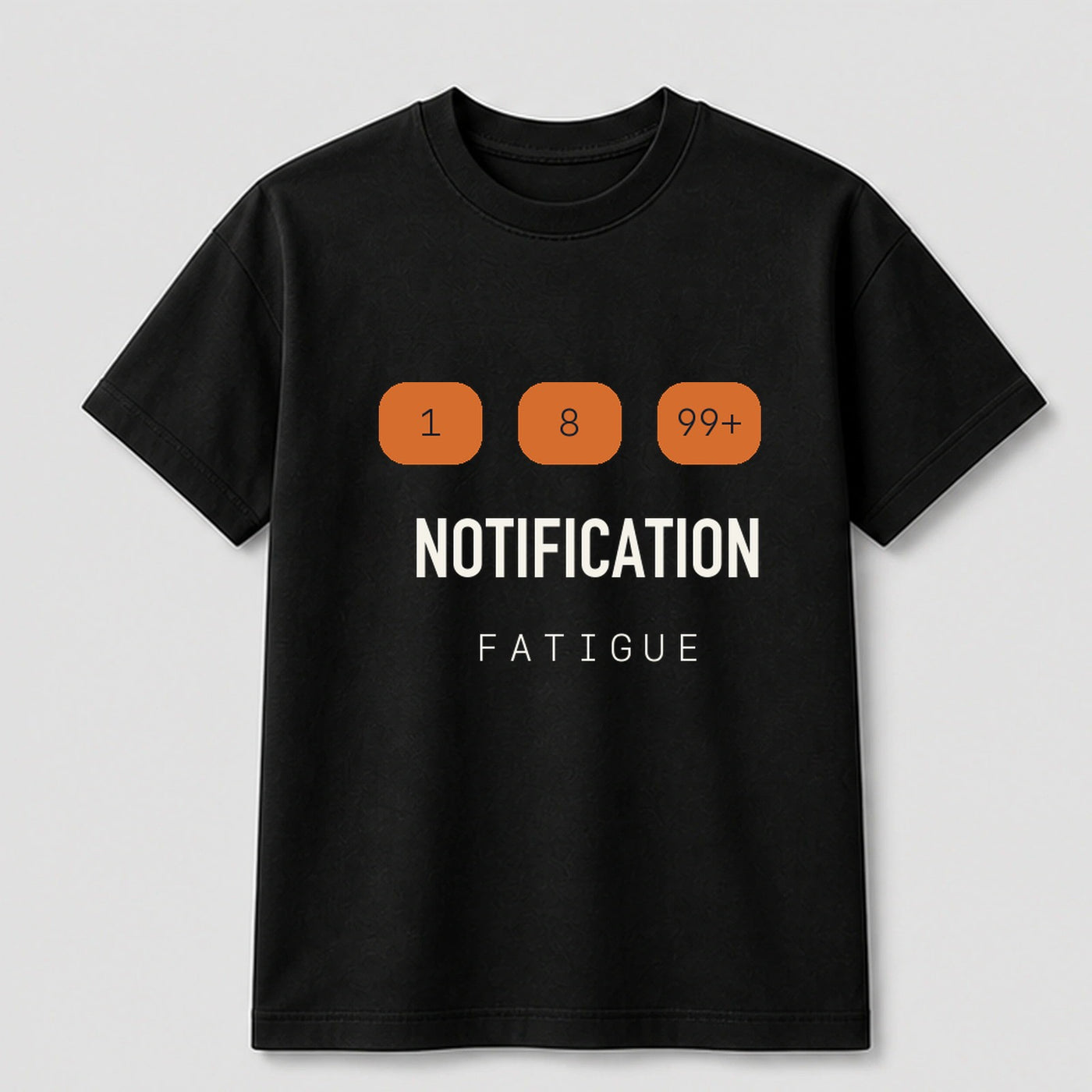 Notification Fatigue graphic tee by Threadmates featuring original digital burnout artwork on black t-shirt, front.
