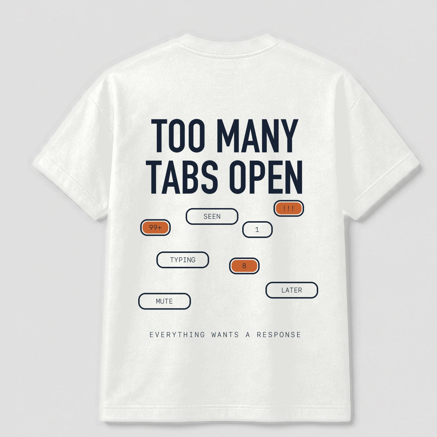 Notification Fatigue graphic tee by Threadmates featuring original digital burnout artwork on white t-shirt, back.