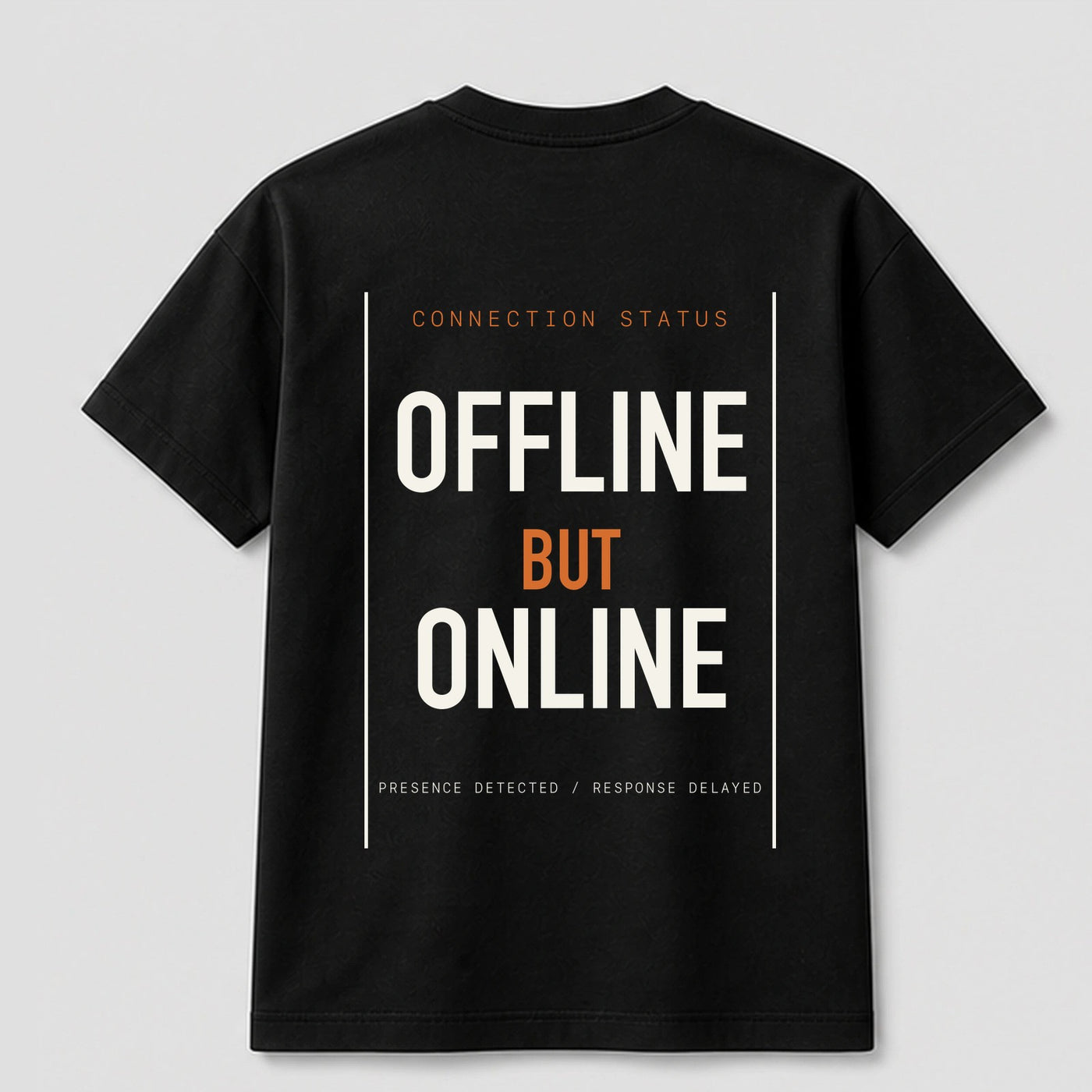 Offline But Online graphic tee by Threadmates featuring original internet culture artwork on black t-shirt, back.