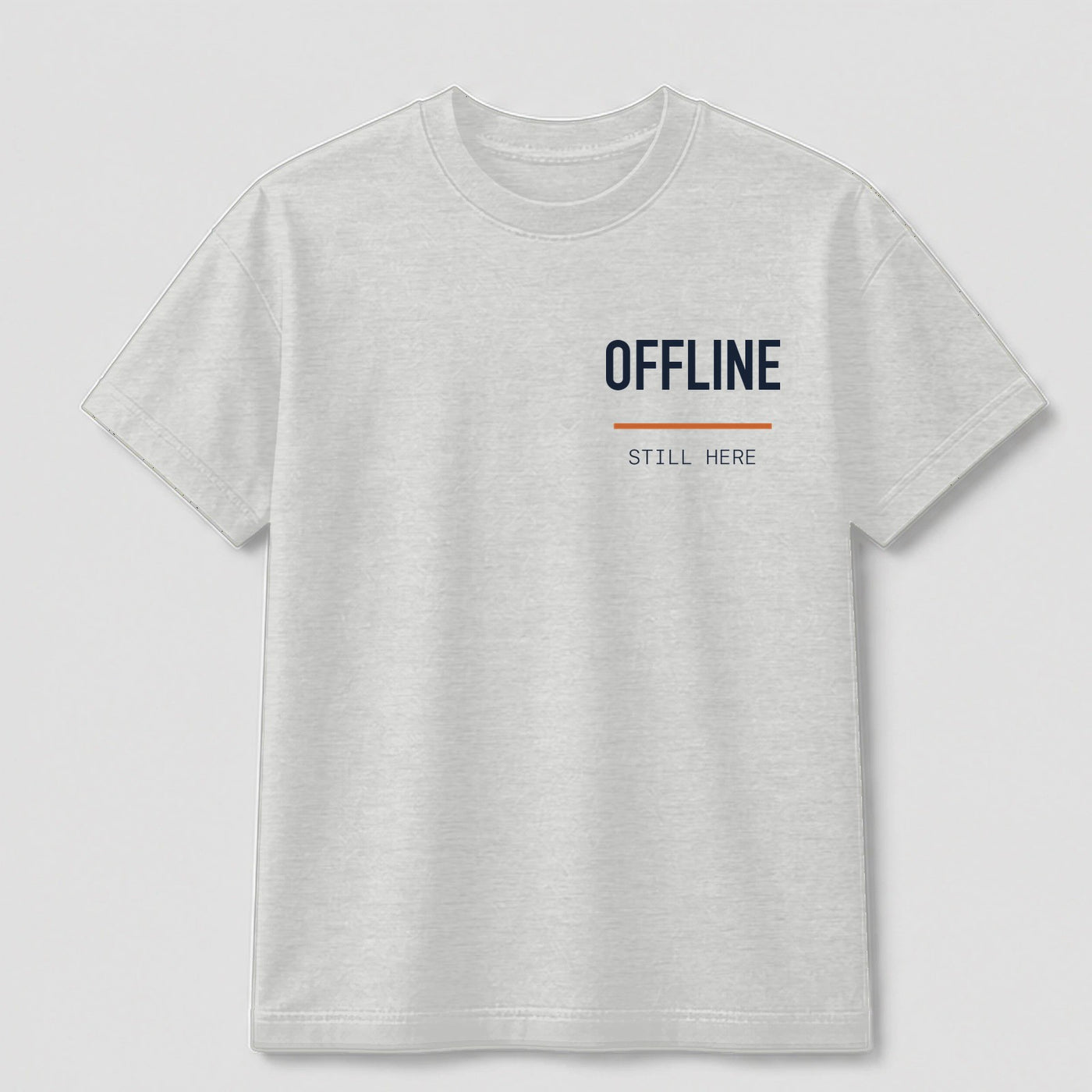 Offline But Online graphic tee by Threadmates featuring original internet culture artwork on gray t-shirt, front.