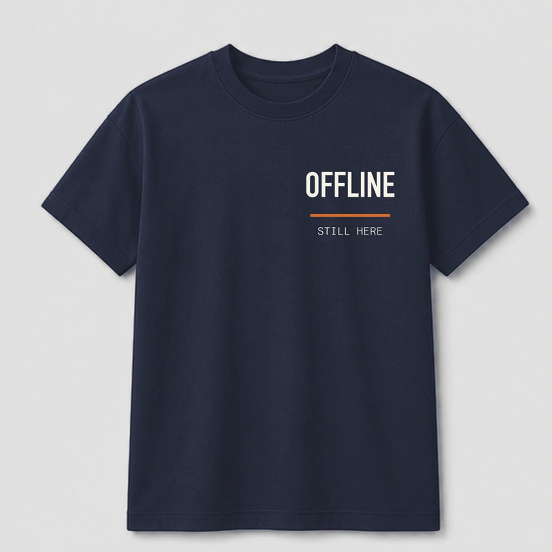 Offline But Online graphic tee by Threadmates featuring original internet culture artwork on navy t-shirt, front.
