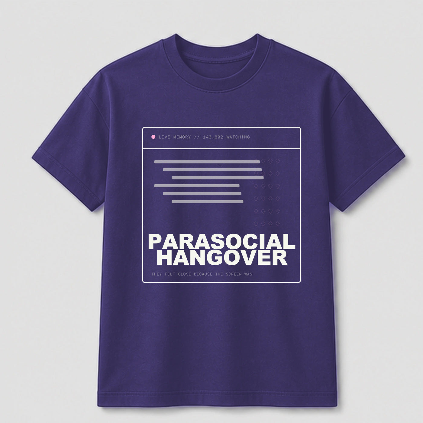 Parasocial Hangover graphic tee by Threadmates featuring original internet culture artwork on purple t-shirt, front.