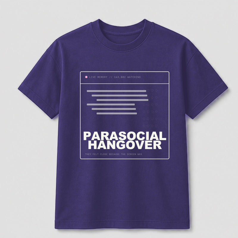 Parasocial Hangover graphic tee by Threadmates featuring original internet culture artwork on purple t-shirt, front.