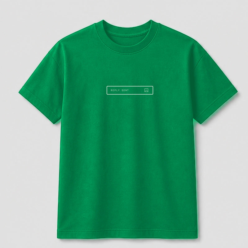 Replied With A Meme graphic tee by Threadmates featuring original internet culture artwork on green t-shirt, front.