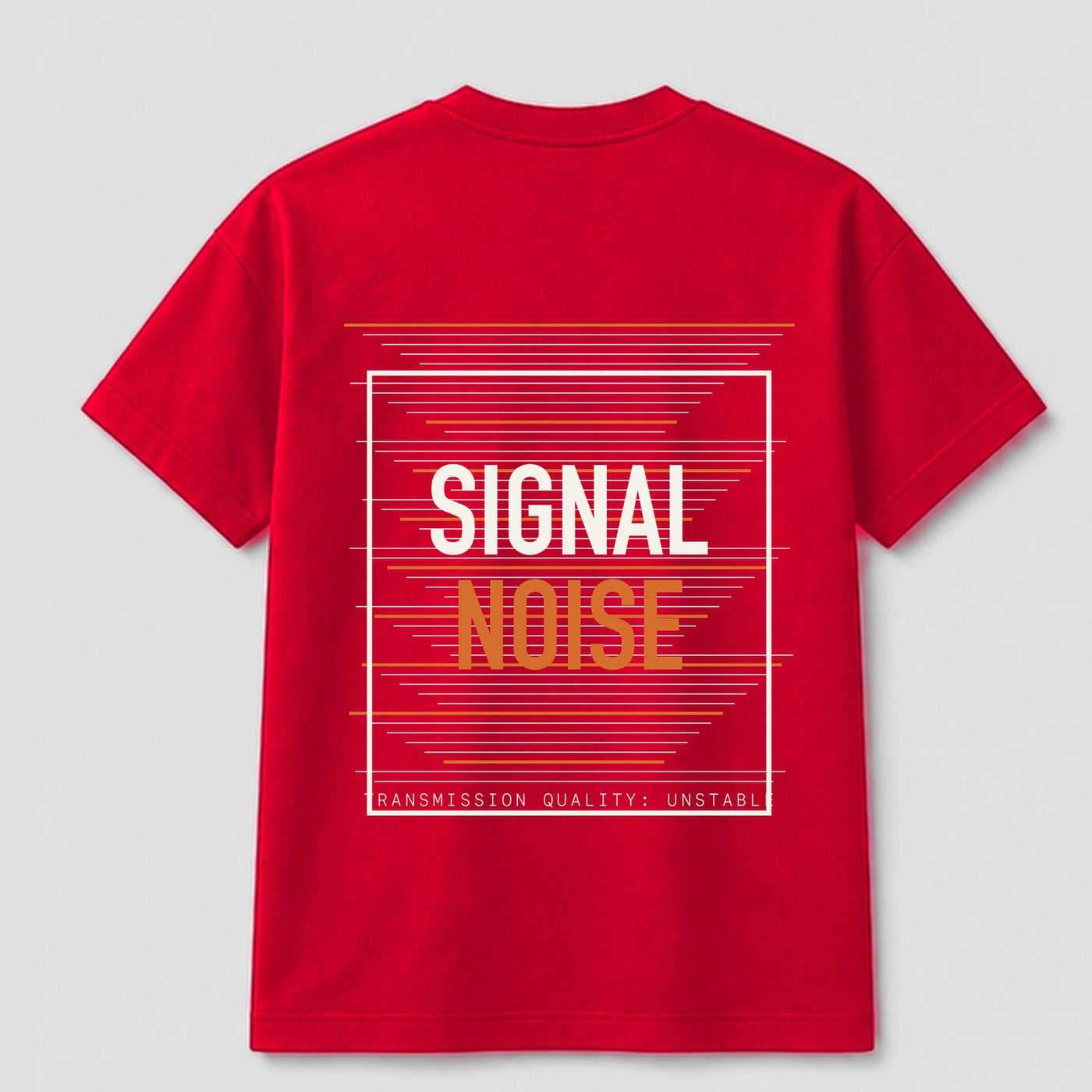 Signal Noise graphic tee by Threadmates featuring original system error artwork on red t-shirt, back.