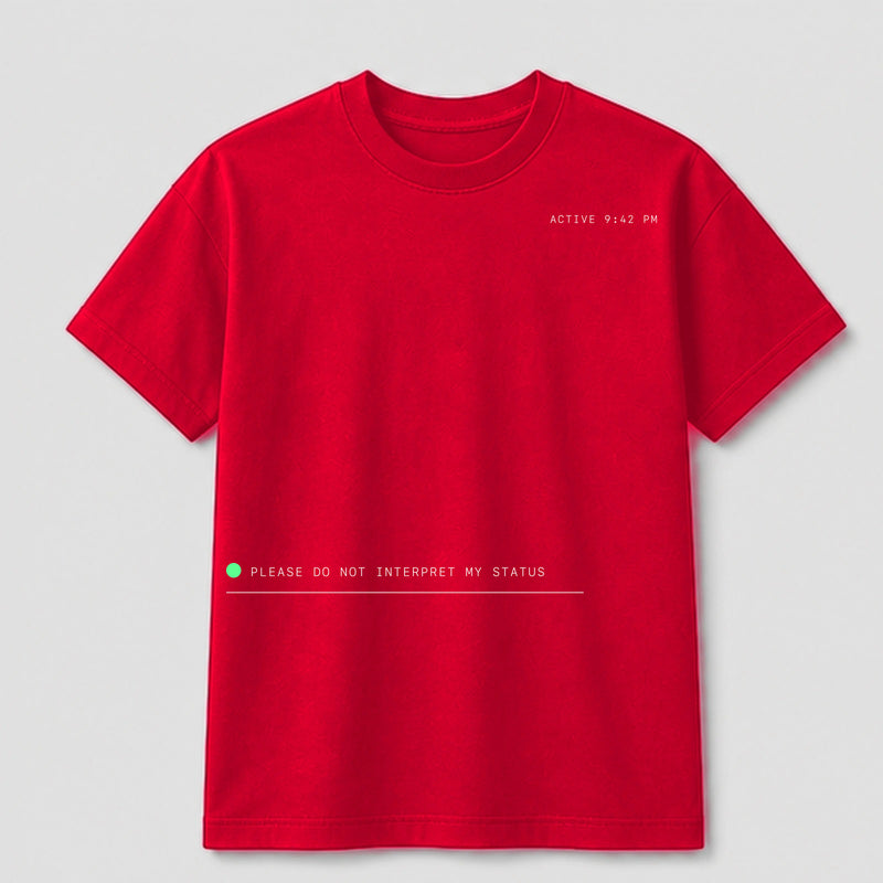 Slack Dot Anxiety graphic tee by Threadmates featuring original remote work artwork on red t-shirt, front.