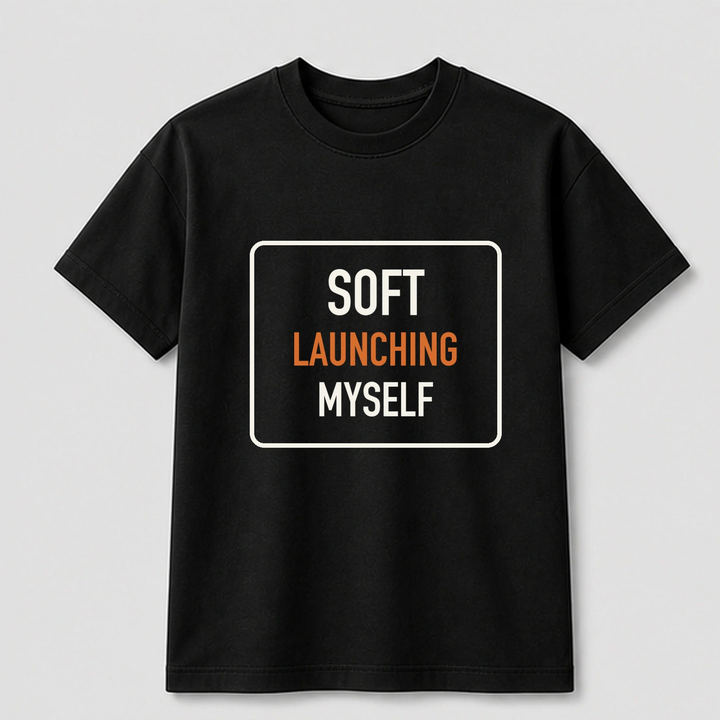 Soft Launching Myself graphic tee by Threadmates featuring original internet culture artwork on black t-shirt, front.