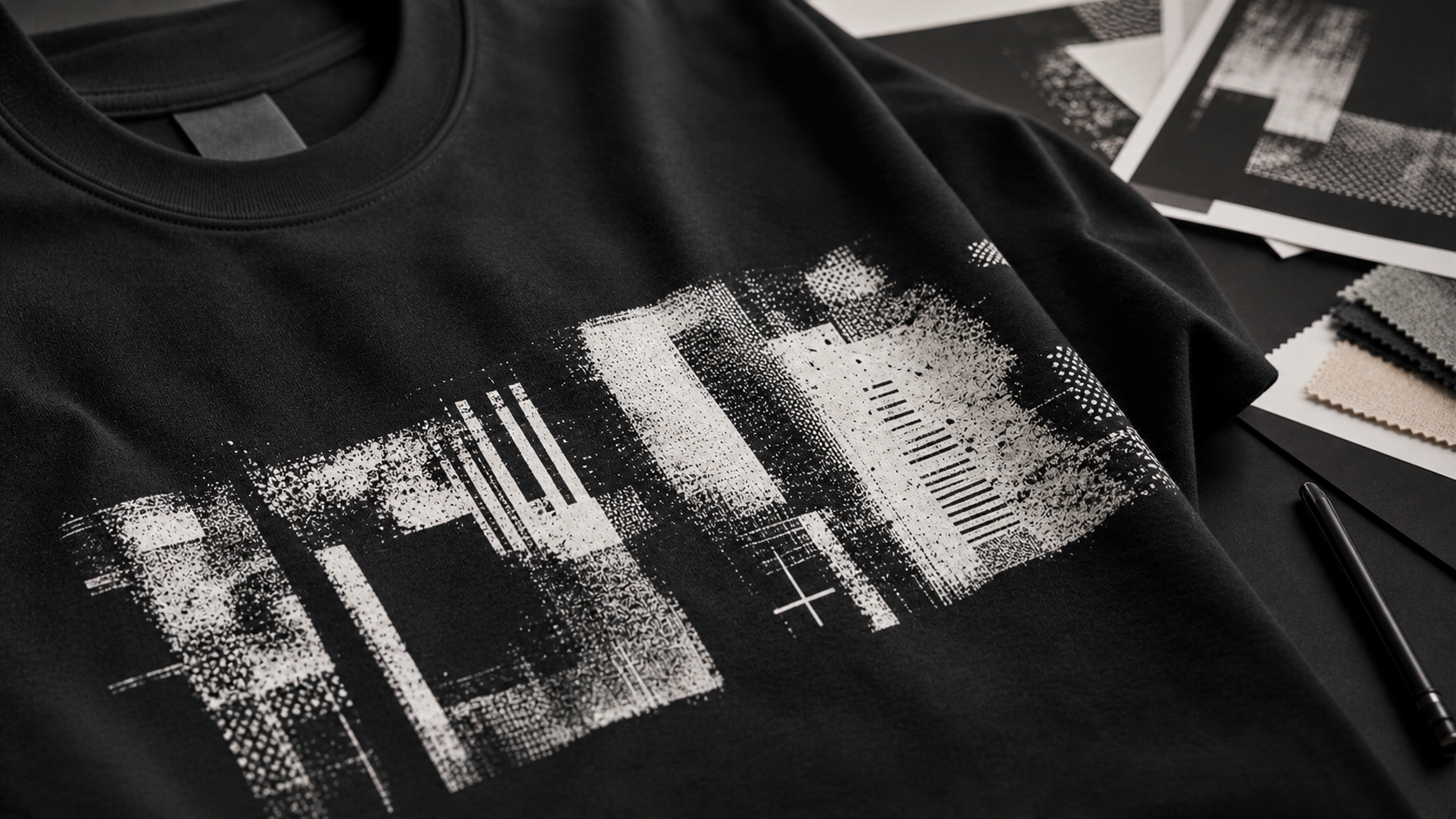Close detail of distressed typography print on black oversized tee fabric