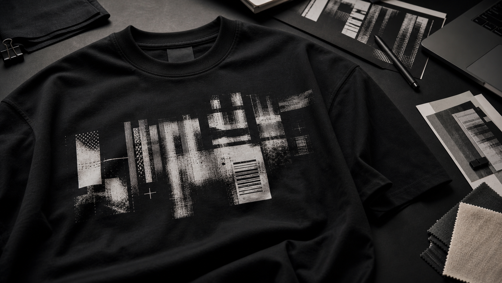 Black oversized tee with abstract typography graphic print on a studio table