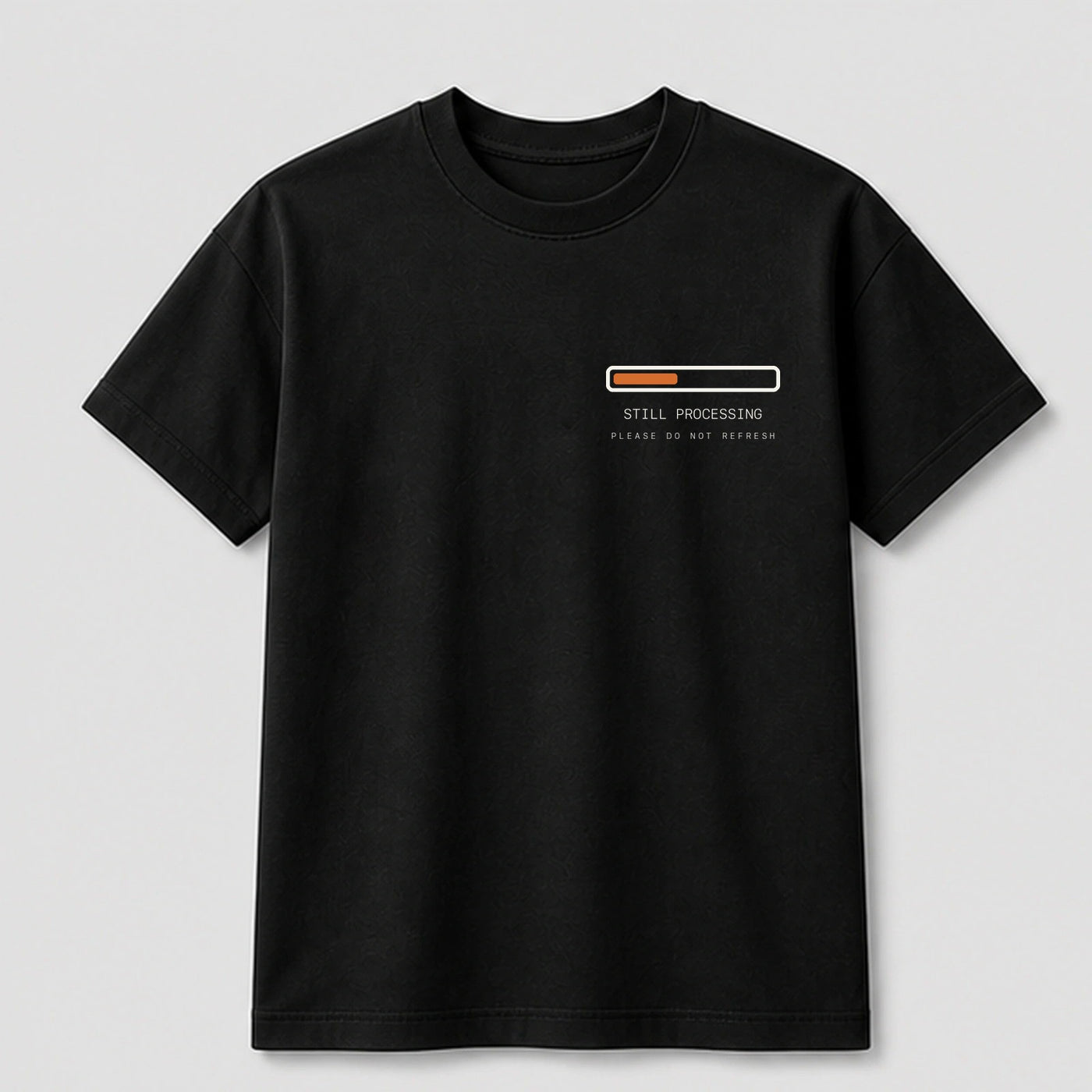 Still Processing graphic tee by Threadmates featuring original internet culture artwork on black t-shirt, front.