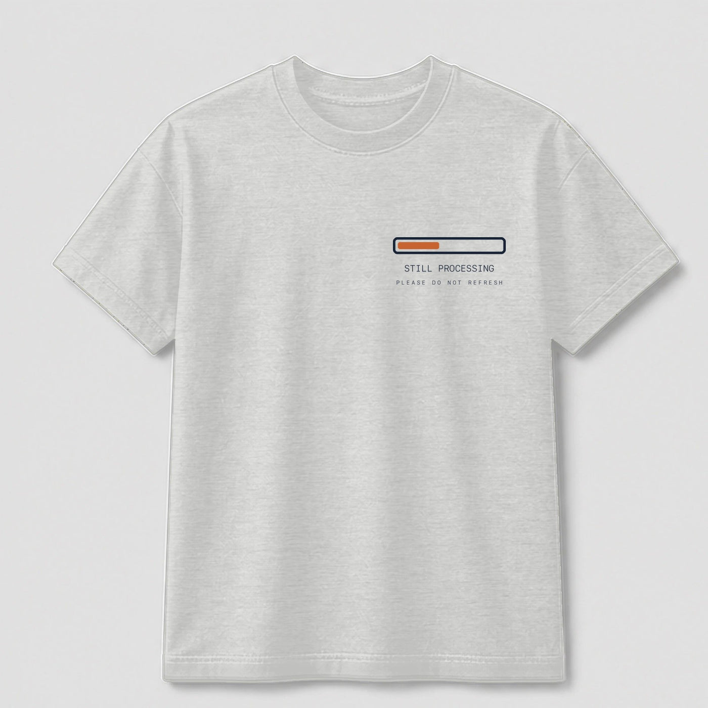 Still Processing graphic tee by Threadmates featuring original internet culture artwork on gray t-shirt, front.