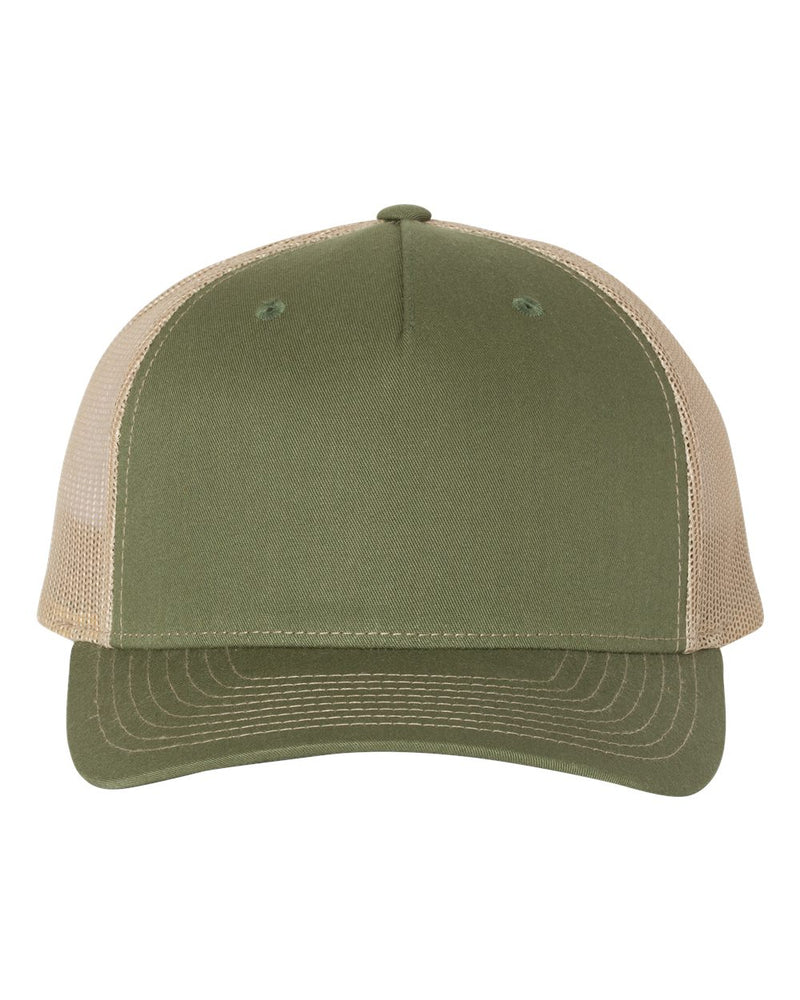Custom by Threadmates showing a blank custom trucker hat in army olive green/tan, front.