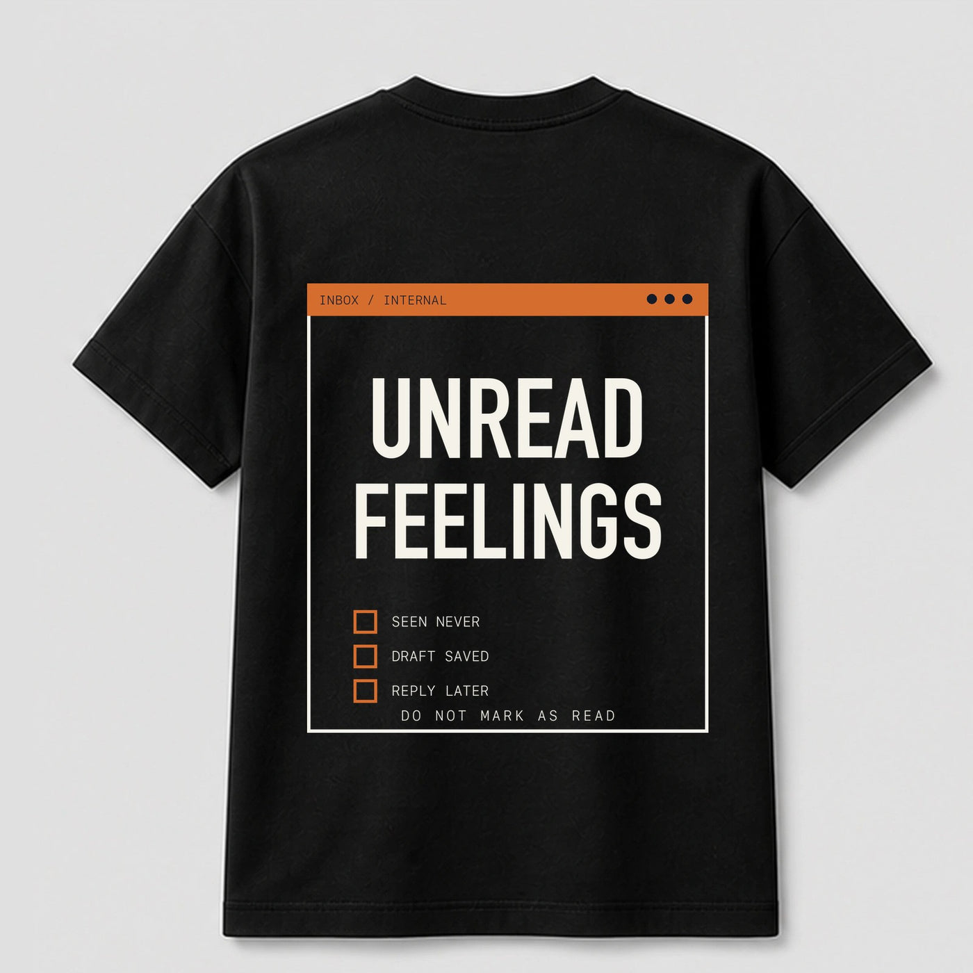 Unread Feelings graphic tee by Threadmates featuring original internet culture artwork on black t-shirt, back.