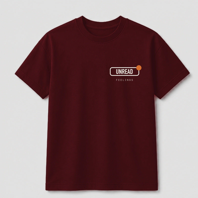 Unread Feelings graphic tee by Threadmates featuring original internet culture artwork on maroon t-shirt, front.