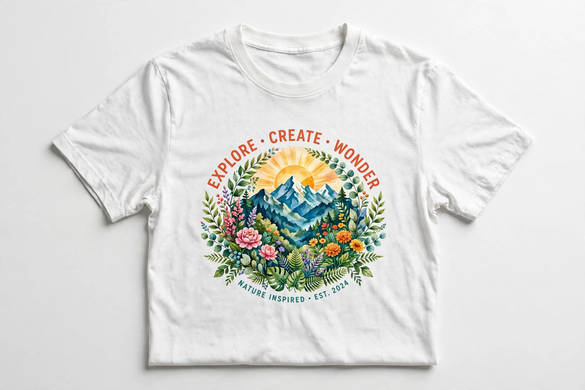Finished custom t-shirt with a colorful graphic print